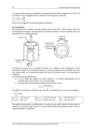 I- Caractéristiques des écoulements
José VAZQUEZ (Laboratoire Systèmes Hydrauliques Urbains) ENGEES
18
L’expérimentation permet de déduire une proportionnalité entre le rapport de la force F et
la surface A avec le rapport entre la vitesse Uo et la longueur L telle que :
0UF U
A L y
∂
= µ = µ
∂
µ [N.s/m2
] est appelé viscosité dynamique ou absolue.
Le viscosimètre :
On considère deux cylindres coaxiaux séparés par un intervalle e dont l’espace entre eux
est rempli par un liquide. On fait tourner le cylindre extérieur à vitesse constante (ω) et on
maintient fixe le cylindre intérieur.
Niveau
de l’eau
Cylindre en
rotation
Cylindre fixe
Vitesse de
rotation : ω
e
r
h
Variation de la
vitesse de du
liquide suivant
l’épaisseur e
Le fluide en contact avec le cylindre extérieur va y adhérer et par conséquent va être
animé de la vitesse V du cylindre extérieur. Le fluide en contact avec le cylindre fixe aura
une vitesse nulle. La viscosité fait naître une force de frottement que l’on mesure par le
couple M.
Les expériences ont montré que :
si e est faible par rapport au rayon intérieur r, la courbe représentative de la
variation de la vitesse entre r et r+e est une droite,
le couple (M) varie proportionnellement à la vitesse et on a :
( )2. .r.h .r
M V
e
π
= µ
On définit un deuxième coefficient de viscosité, le coefficient de viscosité cinématique :
ρ
µ
=ν [m2
/s]
µeau à 20°C = 10-3
N.s/m2
νeau à 20°C = 10-6
m2
/s
µmercure = 1,554.10-3
N.s/m2
νmercure = 0,1147.10-6
m2
/s
µair = 18,5.10-6
N.s/m2
νair = 15,6.10-6
m2
/s
On appelle fluide parfait un fluide dont la viscosité serait nulle (fluide inexistant dans la
nature). La viscosité existe dès qu’il y a mouvement relatif entre particules, que ce soit en
régime laminaire ou turbulent.
 
