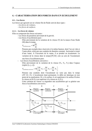 I- Caractéristiques des écoulements
José VAZQUEZ (Laboratoire Systèmes Hydrauliques Urbains) ENGEES
20
4. - CARACTERISATION DES FORCES DANS UN ECOULEMENT
4.1. - Les forces
Les forces qui agissent sur un volume fini de fluide sont de deux types :
- Les forces de volumes,
- Les forces de surfaces.
4.1.1. - Les forces de volumes
Elles se composent des forces suivantes :
- Les forces de pesanteur provenant de la gravité.
- Les forces d’accélération pure :
Elles proviennent de la variation de la vitesse (V) de la masse d’une fluide
(M) dans le temps.
accélération pure
V
F M
t
∂
=
∂
Prenons par exemple deux réservoirs à la même hauteur, dont l’un est vide et
l’autre plein, reliés par une conduite de diamètre constant, horizontal et muni
d’une vanne. A l’ouverture de la vanne, il se produit un écoulement. La
variation de la vitesse dans le temps( )V t∂ ∂ crée au sein de l’écoulement
une force d’accélération pure.
- Les forces d’accélération convective :
Elles proviennent de la variation de la vitesse (Vx, Vy, Vz) dans l’espace
(repère [x, y, z]).
accélération convective x y z
V V V
F M .V .V .V
x y z
 ∂ ∂ ∂
= + + ∂ ∂ ∂ 
Prenons une conduite dont l’écoulement ne varie pas dans le temps
( 0t/V =∂∂ ). L’écoulement étant permanent, le débit est identique en tout
point de la canalisation. Or, si la surface A est supérieure à la surface B alors
la vitesse en B (Vb) est supérieur à la vitesse en A (Va).
Cette variation de vitesse va engendrer une accélération qui va générer une
force d’accélération convective.
Va Vb
Vd
Vc
Régime
accéléré
Régime
accéléré
Régime
uniforme
Lab
Convergent
Lcd
Divergent
Lbc
A B C D
a b
ab
V V
0
L
−
>
b c
bc
V V
0
L
−
=
c d
cd
V V
0
L
−
<
 