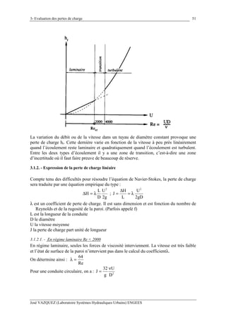 3- Evaluation des pertes de charge
José VAZQUEZ (Laboratoire Systèmes Hydrauliques Urbains) ENGEES
51
La variation du débit ou de la vitesse dans un tuyau de diamètre constant provoque une
perte de charge hr. Cette dernière varie en fonction de la vitesse à peu près linéairement
quand l’écoulement reste laminaire et quadratiquement quand l’écoulement est turbulent.
Entre les deux types d’écoulement il y a une zone de transition, c’est-à-dire une zone
d’incertitude où il faut faire preuve de beaucoup de réserve.
3.1.2. - Expression de la perte de charge linéaire
Compte tenu des difficultés pour résoudre l’équation de Navier-Stokes, la perte de charge
sera traduite par une équation empirique du type :
g2
U
D
L
H
2
λ=∆ ;
gD2
U
L
H
J
2
λ=
∆
=
λ est un coefficient de perte de charge. Il est sans dimension et est fonction du nombre de
Reynolds et de la rugosité de la paroi. (Parfois appelé f)
L est la longueur de la conduite
D le diamètre
U la vitesse moyenne
J la perte de charge part unité de longueur
3.1.2.1. - En régime laminaire Re < 2000
En régime laminaire, seules les forces de viscosité interviennent. La vitesse est très faible
et l’état de surface de la paroi n’intervient pas dans le calcul du coefficientλ.
On détermine ainsi :
Re
64
=λ
Pour une conduite circulaire, on a : 2
D
U
g
32
J
ν
=
 