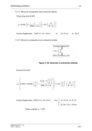 Hydraulique urbaine 1 108
__________________________________________________________________________________________
__________________________________________________________________________________________
Département EC + G
Prof. J. Bonvin 2005
7.3.3.2 Déversoir rectangulaire sans contraction latérale
Valeur de selon la SIA























2
5.01
6.11000
1
1410.0
ZH
H
H

Limites d'application: 0.025 m H 0.8 m et Z0.3 m et HZ
7.3.3.3 Déversoir rectangulaire avec contraction latérale
Figure 7-22: déversoir à contraction latérale
Formule de la SIA

























































24
1
2
1
2
1
5.01
6.11000
2410.2
0246.03853.0
ZH
H
L
L
H
L
L
L
L

Limites d'application : 0.025 L/L1 H0.8 m avec Z 0.3 m et H Z
0.3 m L/L1 0.8 m
Valeurs usuelles := 0.40
 