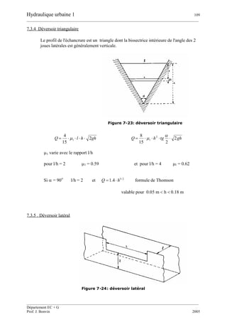 Hydraulique urbaine 1 109
__________________________________________________________________________________________
__________________________________________________________________________________________
Département EC + G
Prof. J. Bonvin 2005
7.3.4 Déversoir triangulaire
Le profil de l'échancrure est un triangle dont la bissectrice intérieure de l'angle des 2
joues latérales est généralement verticale.
Figure 7-23: déversoir triangulaire
ghhlQ 2
15
4
1   ghtghQ 2
215
8 2
1 


1 varie avec le rapport l/h
pour l/h = 2 1 = 0.59 et pour l/h = 4 1 = 0.62
Si = 90
o
l/h = 2 et 2/5
4.1 hQ  formule de Thomson
valable pour 0.05 m h 0.18 m
7.3.5 . Déversoir latéral
Figure 7-24: déversoir latéral
 