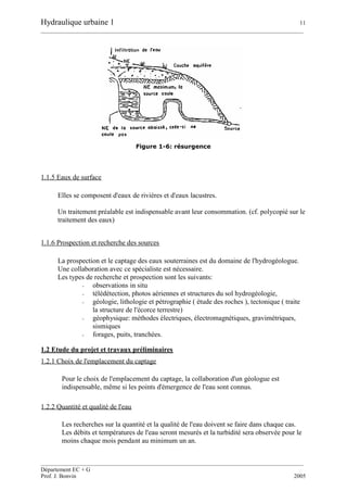 Hydraulique urbaine 1 11
__________________________________________________________________________________________
__________________________________________________________________________________________
Département EC + G
Prof. J. Bonvin 2005
Figure 1-6: résurgence
1.1.5 Eaux de surface
Elles se composent d'eaux de rivières et d'eaux lacustres.
Un traitement préalable est indispensable avant leur consommation. (cf. polycopié sur le
traitement des eaux)
1.1.6 Prospection et recherche des sources
La prospection et le captage des eaux souterraines est du domaine de l'hydrogéologue.
Une collaboration avec ce spécialiste est nécessaire.
Les types de recherche et prospection sont les suivants:
- observations in situ
- télédétection, photos aériennes et structures du sol hydrogéologie,
- géologie, lithologie et pétrographie ( étude des roches ), tectonique ( traite
la structure de l'écorce terrestre)
- géophysique: méthodes électriques, électromagnétiques, gravimétriques,
sismiques
- forages, puits, tranchées.
1.2 Etude du projet et travaux préliminaires
1.2.1 Choix de l'emplacement du captage
Pour le choix de l'emplacement du captage, la collaboration d'un géologue est
indispensable, même si les points d'émergence de l'eau sont connus.
1.2.2 Quantité et qualité de l'eau
Les recherches sur la quantité et la qualité de l'eau doivent se faire dans chaque cas.
Les débits et températures de l'eau seront mesurés et la turbidité sera observée pour le
moins chaque mois pendant au minimum un an.
 