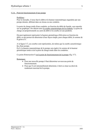 Hydraulique urbaine 1 72
__________________________________________________________________________________________
__________________________________________________________________________________________
Département EC + G
Prof. J. Bonvin 2005
5.2.6. Point de fonctionnement d’une pompe
Problème :
Pour le résoudre, il nous faut le débit et la hauteur manométrique engendrée par une
pompe donnée, débitant dans un réseau ou une conduite.
La perte de charge totale d'une conduite, en fonction du débit du liquide, sera reportée
sur un graphique. On obtient ainsi la courbe caractéristique de la conduite. La perte de
charge est proportionnelle au carré du débit et la courbe est une parabole.
On peut également représenter la hauteur géométrique d'élévation en fonction du
débit, ce qui permet de déterminer d'une façon simple, pour chaque débit, la somme de
H géom et J.
A la figure 5-7, ces courbes sont représentées, de même que la courbe caractéristique
QH d'une pompe.
En S, la hauteur manométrique de la pompe sera égale à la somme de la hauteur
géométrique totale et de la perte de charge totale dans les conduites.
Ce point d'intersection S est le point de fonctionnement de la pompe (fig. 5-7).
Remarques
 Pour une nouvelle pompe il faut déterminer un nouveau point de
fonctionnement.
 Pour que S soit rationnellement déterminé, il doit se situer au droit du
rendement maximal de la pompe.
 