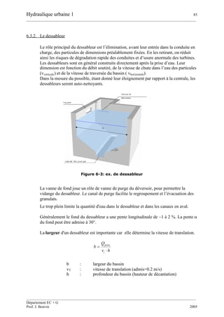 Hydraulique urbaine 1 85
__________________________________________________________________________________________
__________________________________________________________________________________________
Département EC + G
Prof. J. Bonvin 2005
6.3.2. Le dessableur
Le rôle principal du dessableur est l’élimination, avant leur entrée dans la conduite en
charge, des particules de dimensions préalablement fixées. En les retirant, on réduit
ainsi les risques de dégradation rapide des conduites et d’usure anormale des turbines.
Les dessableurs sont en général construits directement après la prise d’eau. Leur
dimension est fonction du débit soutiré, de la vitesse de chute dans l’eau des particules
(vverticale) et de la vitesse de traversée du bassin ( vhorizontale).
Dans la mesure du possible, étant donné leur éloignement par rapport à la centrale, les
dessableurs seront auto-nettoyants.
Figure 6-3: ex. de dessableur
La vanne de fond joue un rôle de vanne de purge du déversoir, pour permettre la
vidange du dessableur. Le canal de purge facilite le regroupement et l’évacuation des
granulats.
Le trop plein limite la quantité d'eau dans le dessableur et dans les canaux en aval.
Généralement le fond du dessableur a une pente longitudinale de ~1 à 2 %. La pente 
du fond peut être admise à 30°.
La largeur d'un dessableur est importante car elle détermine la vitesse de translation.
hv
Q
b
t
prise


b : largeur du bassin
vT : vitesse de translation (admis=0.2 m/s)
h : profondeur du bassin (hauteur de décantation)
Trop plein
Déversoir du
débit turbiné
 