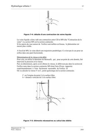 Hydraulique urbaine 1 97
__________________________________________________________________________________________
__________________________________________________________________________________________
Département EC + G
Prof. J. Bonvin 2005
Figure 7-4: détails d'une contraction de veine liquide
La veine liquide a donc subi une contraction entre CD et MN dite "Contraction de la
veine". La section MN est la section contractée.
Si les parois du vase autour de l'orifice sont taillées en biseau, le phénomène est
encore plus visible.
A l'aval de MN, la veine décrit une trajectoire parabolique. Ce n'est pas le cas pour un
orifice dans une paroi horizontale.
Détermination de la vitesse et du débit
Pour cela, on utilise le théorème de Bernoulli, qui, pour un point de cote donnée, fait
intervenir la pression et la vitesse.
Puis on déterminera, après avoir obtenu la vitesse, le débit non pas dans la section de
l'orifice mais dans la section contractée MN dont l'aire sera rapportée
expérimentalement à l'aire facilement mesurable de l'orifice 
On va calculer la vitesse V en I , point quelconque de la section contractée.
Iest l'origine du point I à la surface libre.
h = distance verticale de I à la surface libre.
Figure 7-5: éléments nécessaires au calcul des débits
 