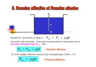 M
h
Po
Au point M , la pression est égale à : ghPP oM 
A la surface libre du fluide , la pression est généralement représentée par la
pression atmosphérique Patm , d’où :
ghPP atmM  : Pression Absolue
Et si l’on néglige l’influence de la pression atmosphérique ( Patm = 0 ) :
ghPM  : Pression Effective
 