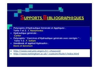 SUPPORTS BIBLIOGRAPHIQUESSSUPPORTSUPPORTS BBIBLIOGRAPHIQUESIBLIOGRAPHIQUES
 Polycopiés d’Hydraulique Générale et Appliquée .
Tome 1 et 2 . I. Naoumenko
 Hydraulique générale .
Carlier
 Polycopiés ‘’ Exercices d’Hydraulique générale avec corrigés ‘’ .
Tome 1-2 . F. Sellam
 Handbook of applied Hydraulics .
Davis et Sorensen
 http://www.ead.univ.angers.fr/~chaussed/
 http://www.nottingham.ac.uk/~eazksim/fluids1/index.html
 