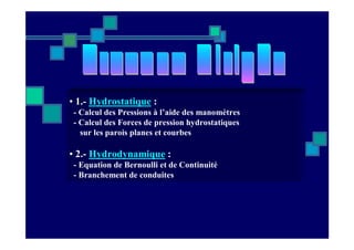 • 1.- Hydrostatique :
- Calcul des Pressions à l’aide des manomètres
- Calcul des Forces de pression hydrostatiques
sur les parois planes et courbes
• 2.- Hydrodynamique :
- Equation de Bernoulli et de Continuité
- Branchement de conduites
 