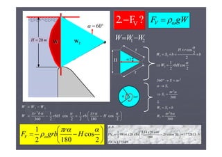 mH 20
mr 20
 60
W1
?F.2 V gWFV 
WW W2
21 WWW 
H
r
r
α/2
2
cos
2
1
2
2
cos
2
22


rbHW
b
rH
bSW




α 360°
360
360
360
2
1
11
2
1
1
2




br
W
bSW
r
S
S
rS














2
cos
1802
1
2
cos
2
1
360
2
21

H
r
rbrbH
br
W
WWW







2
cos
1802
1 
 H
r
grbFV
kNFV
Nx
xx
xxx
NA
1773
177281330cos20
180
602014,3
5209814
2
1
FV
:..








 
