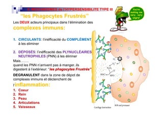 Les DEUX acteurs principaux dans l’élimination des
complexes immuns:
1. CIRCULANTS: l’inéfficacité du COMPLÉMENT
à les eliminer
2. DÉPOSÉS: l’inéfficacité des PLYNUCLÉAIRES
NEUTROPHILES (PNN) à les élimner
“les Phagocytes Frustrés”
II. MECHANISMES de l’HYPERSENSIBILITE TYPE III
Les DEUX acteurs principaux dans l’élimination des
complexes immuns:
1. CIRCULANTS: l’inéfficacité du COMPLÉMENT
à les eliminer
2. DÉPOSÉS: l’inéfficacité des PLYNUCLÉAIRES
NEUTROPHILES (PNN) à les élimner
Mais…….
quand les PNN n’arrivent pas à manger..ils
digestent à l’extérieur: “les phagocytes Frustrés”
DEGRANULENT dans la zone de dépot de
complexes immuns et déclenchent de
l’inflammation:
1. Coeur
2. Rein
3. Peau
4. Articulations
5. Vaisseaux
 
