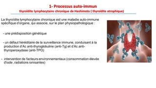 1- Processus auto-immun
thyroïdite lymphocytaire chronique de Hashimoto ( thyroïdite atrophique)
La thyroïdite lymphocytaire chronique est une maladie auto-immune
spécifique d’organe, qui associe, sur le plan physiopathologique :
- une prédisposition génétique
- un défaut héréditaire de la surveillance immune, conduisant à la
production d’Ac anti-thyroglobuline (anti-Tg) et d’Ac anti-
thyroperoxydase (anti-TPO)
- intervention de facteurs environnementaux (consommation élevée
d'iode ,radiations ionisantes)
 