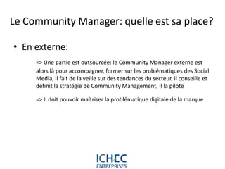 Le Community Manager: quelle est sa place?

• En externe:
     => Une partie est outsourcée: le Community Manager externe est
     alors là pour accompagner, former sur les problématiques des Social
     Media, il fait de la veille sur des tendances du secteur, il conseille et
     définit la stratégie de Community Management, il la pilote

     => Il doit pouvoir maîtriser la problématique digitale de la marque




                           For internal use only
 