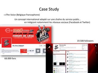 Case Study
The Voice (Belgique francophone)
         Un concept international adapté sur une chaîne du service public…
                 en intégrant notamment les réseaux sociaux (Facebook et Twitter)




                                                                    19.500 followers




68.000 fans




                                For internal use only
 