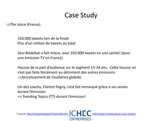 Case Study
The Voice (France)


      150.000 tweets lors de la finale
      Plus d’un million de tweets au total

      Seul #ledebat a fait mieux, avec 350.000 tweets en une soirée! (pour
      une émission TV en France)

      Hausse de la part d’audience sur le segment 15-34 ans. Cette hausse ne
      s’est pas faite forcément au détriment des autres émissions
      Accroissement de l’audience globale

      Un des coachs, Florent Pagny, s’est fait remarqué grâce à ses vestes
      durant l’émission
      => Trending Topics (TT) durant l’émission!



     * source: http://www.petitweb.fr/actualites/lionel-abbo-pagny-en-trending-topic-monde-grace-a-ses-vestes/
                                               For internal use only
 