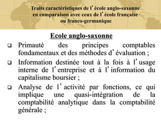 Traits caractéristiques de l’école anglo-saxonne
en comparaison avec ceux de l’école française
ou franco-germanique
Ecole anglo-saxonne
 Primauté des principes comptables
fondamentaux et des méthodes d’évaluation ;
 Information destinée tout à la fois à l’usage
interne de l’entreprise et à l’information du
capitalisme boursier ;
 Analyse de l’activité par fonctions, ce qui
implique une quasi-intégration de la
comptabilité analytique dans la comptabilité
générale ;
 