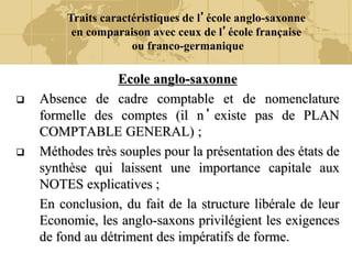 Traits caractéristiques de l’école anglo-saxonne
en comparaison avec ceux de l’école française
ou franco-germanique
Ecole anglo-saxonne
 Absence de cadre comptable et de nomenclature
formelle des comptes (il n’existe pas de PLAN
COMPTABLE GENERAL) ;
 Méthodes très souples pour la présentation des états de
synthèse qui laissent une importance capitale aux
NOTES explicatives ;
En conclusion, du fait de la structure libérale de leur
Economie, les anglo-saxons privilégient les exigences
de fond au détriment des impératifs de forme.
 