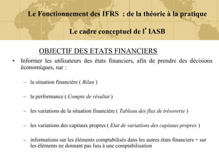OBJECTIF DES ETATS FINANCIERS
• Informer les utilisateurs des états financiers, afin de prendre des décisions
économiques, sur :
– la situation financière ( Bilan )
– la performance ( Compte de résultat )
– les variations de la situation financière ( Tableau des flux de trésorerie )
– les variations des capitaux propres ( Etat de variations des capitaux propres )
– informations sur les éléments comptabilisés dans les autres états financiers + sur
les éléments ne donnant pas lieu à une comptabilisation
Le Fonctionnement des IFRS : de la théorie à la pratique
Le cadre conceptuel de l’IASB
 