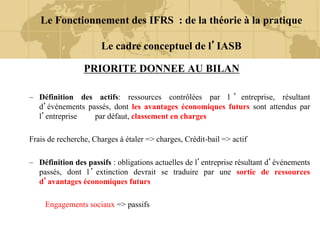 PRIORITE DONNEE AU BILAN
– Définition des actifs: ressources contrôlées par l ’ entreprise, résultant
d’événements passés, dont les avantages économiques futurs sont attendus par
l’entreprise par défaut, classement en charges
Frais de recherche, Charges à étaler => charges, Crédit-bail => actif
– Définition des passifs : obligations actuelles de l’entreprise résultant d’événements
passés, dont l ’ extinction devrait se traduire par une sortie de ressources
d’avantages économiques futurs
Engagements sociaux => passifs
Le Fonctionnement des IFRS : de la théorie à la pratique
Le cadre conceptuel de l’IASB
 