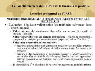 METHODOLOGIE GENERALE A SUIVRE POUR UNE EVALUATION A LA
JUSTE VALEUR
• Évaluation à la juste valeur selon les méthodes suivantes dans
l’ordre indiqué:
– Valeur de marché directement observable sur un marché liquide et
profond (fiabilité)
– Valeur observable sur un marché comparable : valeur de transactions
comparables corrigées par des estimations (expertise, valeur d’utilité…)
– Valeur non observable sur un marché :
• recours à des techniques d’estimation basées sur des modèles externes
couramment admis (identiques à celles retenues par les acteurs du
marché)
• recours à des techniques d’estimation (valeur d’utilité calculée à
partir des flux actualisés de trésorerie) basées sur des hypothèses
internes (déterminées et justifiées par l’entreprise et pérennes dans le
temps)
– Si impossibilité d’évaluation à la juste valeur, recours au coût historique
Le Fonctionnement des IFRS : de la théorie à la pratique
Le cadre conceptuel de l’IASB
 