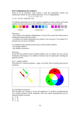 21
II-2 Combinaison des couleurs
Selon la loi de Grassman, toute couleur Z peut être représentée comme une
combinaison linéaire de trois couleurs primaires A, B et C indépendantes.
Z = a. A + b.B + c.C
a, b et c sont des coefficients réels.
Un mélange quelconque de ces trois couleurs engendre une autre couleur, qu’on peut
qualifier en termes de nuances selon différents critères plus ou moins intuitifs:
« teinte » « foncé/clair » « pure/délavé »
Remarques:
- Des couleurs sont appelées indépendantes si l'une d’elle ne peut être obtenue par la
combinaison linéaire des deux autres.
- La donnée d’un triplet représentant une couleur n’a de sens que si l’on connait les 3
primaires qui ont servis à la définir.
La combinaison des couleurs de bases peut se faire de deux manières:
- par synthèse additive
- par synthèse soustractive
Remarque:
Ne pas faire de confusion entre la synthèse additive qui est réalisée par des sources
lumineuses chromatiques et la synthèse soustractive qui est opérée par le mélange de
pigments colorés.
II-2-1 synthèse additive
Elle utilise les 3 couleurs primaires : rouge, vert et bleu. Elle est utilisée dans tous les
moniteurs.
II-2.2 Synthèse soustractive
Elle fait appel aux couleurs C (cyan), M (magenta) et Y (yellow) complémentaires
aux couleurs primaires RVB, auxquelles elles sont reliées théoriquement par les
relations linéaires suivantes:
C = 1 - R
M = 1 - V
Y = 1 – B
 