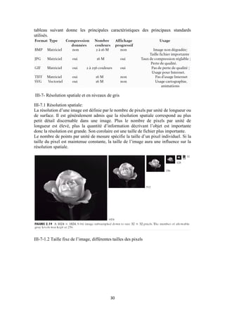 31
tableau suivant donne les principales caractéristiques des principaux standards
utilisés.
III-7- Résolution spatiale et en niveaux de gris
III-7.1 Résolution spatiale:
La résolution d’une image est définie par le nombre de pixels par unité de longueur ou
de surface. Il est généralement admis que la résolution spatiale correspond au plus
petit détail discernable dans une image. Plus le nombre de pixels par unité de
longueur est élevé, plus la quantité d’information décrivant l’objet est importante
donc la résolution est grande. Son corolaire est une taille de fichier plus importante.
Le nombre de points par unité de mesure spécifie la taille d’un pixel individuel. Si la
taille du pixel est maintenue constante, la taille de l’image aura une influence sur la
résolution spatiale.
III-7-1.2 Taille fixe de l’image, différentes tailles des pixels
 