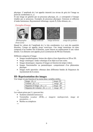 6
physique. L’amplitude de f est appelée intensité (ou niveau de gris) de l’image au
point de coordonnées (x, y).
Si une image est générée par un processus physique, f(x, y) correspond à l’énergie
irradiée par ce processus. Exemples de processus physiques: Emission et réflexion
d’ondes lumineuses, Rayonnement infrarouge, rayons X, Echo ultrason, etc…
Quand les valeurs de l’amplitude de f et des coordonnées (x,y) sont des quantités
discrètes, l’image est appelée image numérique. Une image numérique est donc
composée d’un nombre fini d’éléments, ayant chacun un emplacement et une valeur
donnés. Ces éléments sont appelés pixels (contraction de PICture Element).
Différents catégories d’image:
 Images morphologiques: formes des objets et leur disposition en 2D ou 3D.
 Image volumiques: rendu volumique d’un objet ou d’une scène.
 Images dynamiques: séquence d’images en fonction du temps (video).
 Images fonctionnelles ou paramétriques: comportement d’un phénomène
physique.
 Images multi spectrales: obtenues dans différentes bandes de fréquences du
rayonnement de la source.
III- Représentation des images
Une image est une fonction d’au moins deux variables réelles:
Image : f(x, y) image 2D
Volume : f(x, y, z) image 3D
Séquence d’image : f(x, y, t) image 3D
Séquence de volumes : f(x, y, z, t) image 4D
—
Les valeurs prises par f (.) peuvent être:
 Scalaires (intensité lumineuse)
 Vectorielles (couleur (RVB),…), imagerie multispectrale, image de
paramètres…)
 Réelles ou complexes
—
 