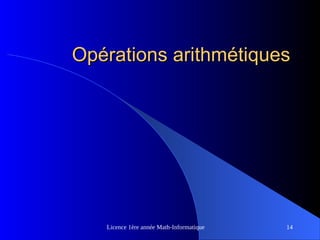 Licence 1ère année Math-Informatique 14
Opérations arithmétiques
Opérations arithmétiques
 