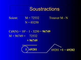 Soient: M = 72532 Trouver M - N
N = 03250
Cà9(N) = 105
– 1 - 3250 = 96749
M + 96749 = 72532
+ 96749
--------------
1 69281
Soustractions
Soustractions
69281 +1 = 69282
 
