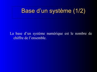 Base d’un système (1/2)
Base d’un système (1/2)
La base d’un système numérique est le nombre de
chiffre de l’ensemble.
 