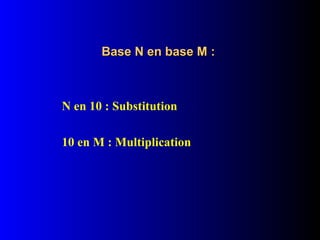 Base N en base M :
Base N en base M :
N en 10 : Substitution
10 en M : Multiplication
 