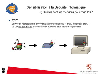 Sensibilisation à la Sécurité Informatique
                                  2) Quelles sont les menaces pour mon PC ?

     Vers
     Un ver se reproduit en s’envoyant à travers un réseau (e-mail, Bluetooth, chat..)
     Le ver n’a pas besoin de l’interaction humaine pour pouvoir se proliférer.




13
 