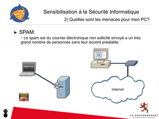 Sensibilisation à la Sécurité Informatique
                              2) Quelles sont les menaces pour mon PC?

     SPAM
     ■ Le spam est du courrier électronique non sollicité envoyé a un très
     grand nombre de personnes sans leur accord préalable.




      Spammer




                                                         Internet




17
 