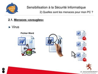 Sensibilisation à la Sécurité Informatique
                             2) Quelles sont les menaces pour mon PC ?

    2.1. Menaces «aveugles»

      Virus
              Fichier Word



                                   ((     ))



9
 
