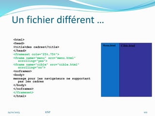 Un fichier différent …
<html>
<head>
<title>des cadres</title>
</head>
<frameset cols="25%,75%">
<frame name="menu" src="menu.html"
scrolling="yes">
<frame name="cible" src="cible.html"
scrolling="no">
<noframes>
<body>
message pour les navigateurs ne supportant
pas les cadres
</body>
</noframes>
</frameset>
</html>
Menu.html Cible.html
24/01/2023 KNP 102
 