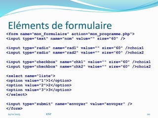 Eléments de formulaire
<form name="mon_formulaire" action="mon_programme.php">
<input type="text" name="nom" value="" size="60" />
<input type="radio" name="rad1" value="" size="60" />choix1
<input type="radio" name="rad2" value="" size="60" />choix2
<input type="checkbox" name="chk1" value="" size="60" />choix1
<input type="checkbox" name="chk2" value="" size="60" />choix2
<select name="liste">
<option value="1">1</option>
<option value="2">2</option>
<option value="3">3</option>
</select>
<input type="submit" name="envoyer" value="envoyer" />
</form>
24/01/2023 KNP 110
 