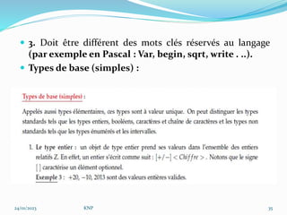  3. Doit être différent des mots clés réservés au langage
(par exemple en Pascal : Var, begin, sqrt, write . ..).
 Types de base (simples) :
24/01/2023 KNP 35
 