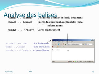 Analyse des balises
<html> .. </html> Délimite le début et la fin du document
<head> .. </head> Entête du document, contient des méta-
informations
<body> . . </body> Corps du document
<title>. .</title> titre du document
<meta> . .</meta> méta-informations
<script> . .</script> script ou référence
24/01/2023 KNP 83
 