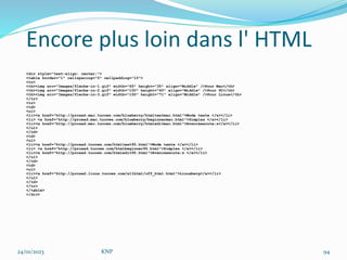 Encore plus loin dans l' HTML
<div style="text-align: center;">
<table border="1" cellspacing="0" cellpadding="10">
<tr>
<th><img src="Images/fleche-in-1.gif" width="65" height="35" align="Middle" />Pour Mac</th>
<th><img src="Images/fleche-in-2.gif" width="100" height="60" align="Middle" />Pour PC</th>
<th><img src="Images/fleche-in-3.gif" width="150" height="71" align="Middle" />Pour Linux</th>
</tr>
<tr>
<td>
<ul>
<li><a href="http://proxad.mac.tucows.com/blueberry/htmltextmac.html">Mode texte </a></li>
<li> <a href="http://proxad.mac.tucows.com/blueberry/beginnermac.html">Simples </a></li>
<li><a href="http://proxad.mac.tucows.com/blueberry/htmleditmac.html">Avanc&eacute;s</a></li>
</ul>
</td>
<td>
<ul>
<li><a href="http://proxad.tucows.com/htmltext95.html">Mode texte </a></li>
<li> <a href="http://proxad.tucows.com/htmlbeginner95.html">Simples </a></li>
<li><a href="http://proxad.tucows.com/htmledit95.html">Avanc&eacute;s </a></li>
</ul>
</td>
<td>
<ul>
<li><a href="http://proxad.linux.tucows.com/x11html/off_html.html">Linuxberg</a></li>
</ul>
</td>
</tr>
</table>
</div>
24/01/2023 KNP 94
 