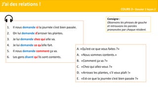 J’ai des relations !
COURS 2– Dossier 1 leçon 2
Consigne :
Observons les phrases de gauche
et retrouvons les paroles
prononcées par chaque résident.
1. Il nous demande si la journée s’est bien passée.
2. On lui demande d’arroser les plantes.
3. Je lui demande chez qui elle va.
4. Je lui demande ce qu’elle fait.
5. Il nous demande comment ça va.
6. Les gens disent qu’ils sont contents.
A. «Qu’est-ce que vous faites ?»
A. «Nous sommes contents.»
B. «Comment ça va ?»
C. «Chez qui allez-vous ?»
D. «Arrosez les plantes, s’il vous plaît !»
E. «Est-ce que la journée s’est bien passée ?»
 
