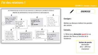 J’ai des relations !
COURS 2– Dossier 1 leçon 2
EXERCICE
Consigne :
Mettez au discours indirect les paroles
des voisins.
Exemple :
1. Mme Jarry demande quand on va
planter des fleurs à l’entrée de la
résidence.
Verbes de parole
demander
dire – affirmer
s’exclamer
 
