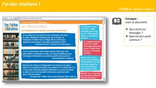 J’ai des relations !
COURS 2– Dossier 1 leçon 2
Consigne :
Lisez ce document.
 Qui a écrit ces
messages ?
 Quel est leur point
commun ?
 