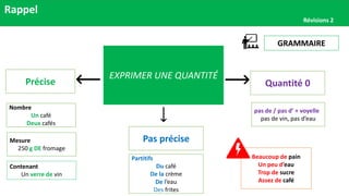 Rappel
Révisions 2
GRAMMAIRE
EXPRIMER UNE QUANTITÉ
Pas précise
Précise
Nombre
Un café
Deux cafés
Mesure
250 g DE fromage
Partitifs
Du café
De la crème
De l’eau
Des frites
pas de / pas d’ + voyelle
pas de vin, pas d’eau
Contenant
Un verre de vin
Quantité 0
Beaucoup de pain
Un peu d’eau
Trop de sucre
Assez de café
 