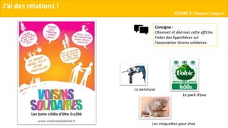J’ai des relations !
COURS 2– Dossier 1 leçon 2
Consigne :
Observez et décrivez cette affiche.
Faites des hypothèses sur
l’association Voisins solidaires.
Les croquettes pour chat
Le pack d’eau
La perceuse
 