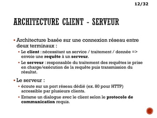 12/32
 Architecture basée sur une connexion réseau entre
deux terminaux :
 Le client : nécessitant un service / traitement / donnée =>
envoie une requête à un serveur.
 Le serveur : responsable du traitement des requêtes ie prise
en charge/exécution de la requête puis transmission du
résultat.
 Le serveur :
 écoute sur un port réseau dédié (ex. 80 pour HTTP)
accessible par plusieurs clients.
 Entame un dialogue avec le client selon le protocole de
communication requis.
 
