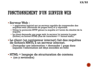 13/32
 Serveur Web :
 = application logiciel sur un serveur capable de comprendre des
requêtes web (demande de pages html) et y répondre.
 Utilise le protocole HTTP gérant la requête et l’envoi du résultat de la
requête.
 Le client demande une page web, le serveur lui renvoie la page
(fichier) au format HTML (flux de caractères => format texte).
 Le client (un navigateur internet) fait des requêtes
de fichiers HMTL à un serveur internet.
⇒Demander une information = demander 1 page dans
laquelle l’information est déjà encodée en html
 HTML = langage de structuration de contenu
 (on y reviendra)
 