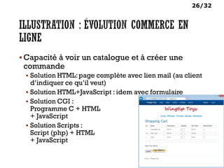 26/32
 Capacité à voir un catalogue et à créer une
commande
 Solution HTML: page complète avec lien mail (au client
d’indiquer ce qu’il veut)
 Solution HTML+JavaScript : idem avec formulaire
 Solution CGI :
Programme C + HTML
+ JavaScript
 Solution Scripts :
Script (php) + HTML
+ JavaScript
 