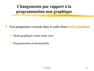Changements par rapport à la
        programmation non graphique


„ Tout programme s'exécute dans le cadre d'une fenêtre graphique

   ƒ Mode graphique contre mode texte

   ƒ Programmation événementielle




                            F. Gayral                       10
 