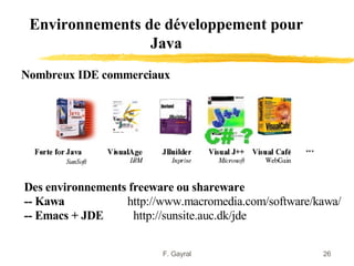 Environnements de développement pour
                 Java
Nombreux IDE commerciaux




Des environnements freeware ou shareware
-- Kawa           http://www.macromedia.com/software/kawa/
-- Emacs + JDE      http://sunsite.auc.dk/jde


                         F. Gayral                    26
 