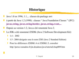 Historique
„ Java 1.0 en 1996, 1.1,... classes du package awt
„ à partir de Java 1.2 (1998) : classes “ Java Foundation Classes ” (JFC)
  javax.swing, javax.swing.border, javax.swing.event,...
„ Depuis sa version 1.2, Java a été renommé Java 2.
„ Le JDK a été renommé J2SDK (Java 2 Software Development Kit)
    ƒ 1.4 :  2002
    ƒ 1.5 : 2004 désignée sous le nom J2SE (Java 2 Standard Edition)
    ƒ Pour les différences J2SDK1.4 et J2SDK1.5, consulter
      http://perso.wanadoo.fr/jm.doudoux/java/tutorial/chap009.htm

„
                                   F. Gayral                           29
 