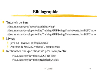 Bibliographie

„ Tutoriels de Sun :
   //java.sun.com/docs/books/tutorial/uiswing/
   //java.sun.com/developer/onlineTraining/GUI/Swing1/shortcourse.html#JFCIntro
   //java.sun.com/developer/onlineTraining/GUI/Swing2/shortcourse.html#JFCIntro
„ Livres
   ƒ java 1.2 : (s&sM), le programmeur
   ƒ Au cœur de Java 2 (2 volumes), campus press
„ Rechercher quelque chose de précis ou pointu:
       //java.sun.com/developer/JDCTechTips/
       //java.sun.com/developer/technicalArticles/


                                    F. Gayral                            6
 